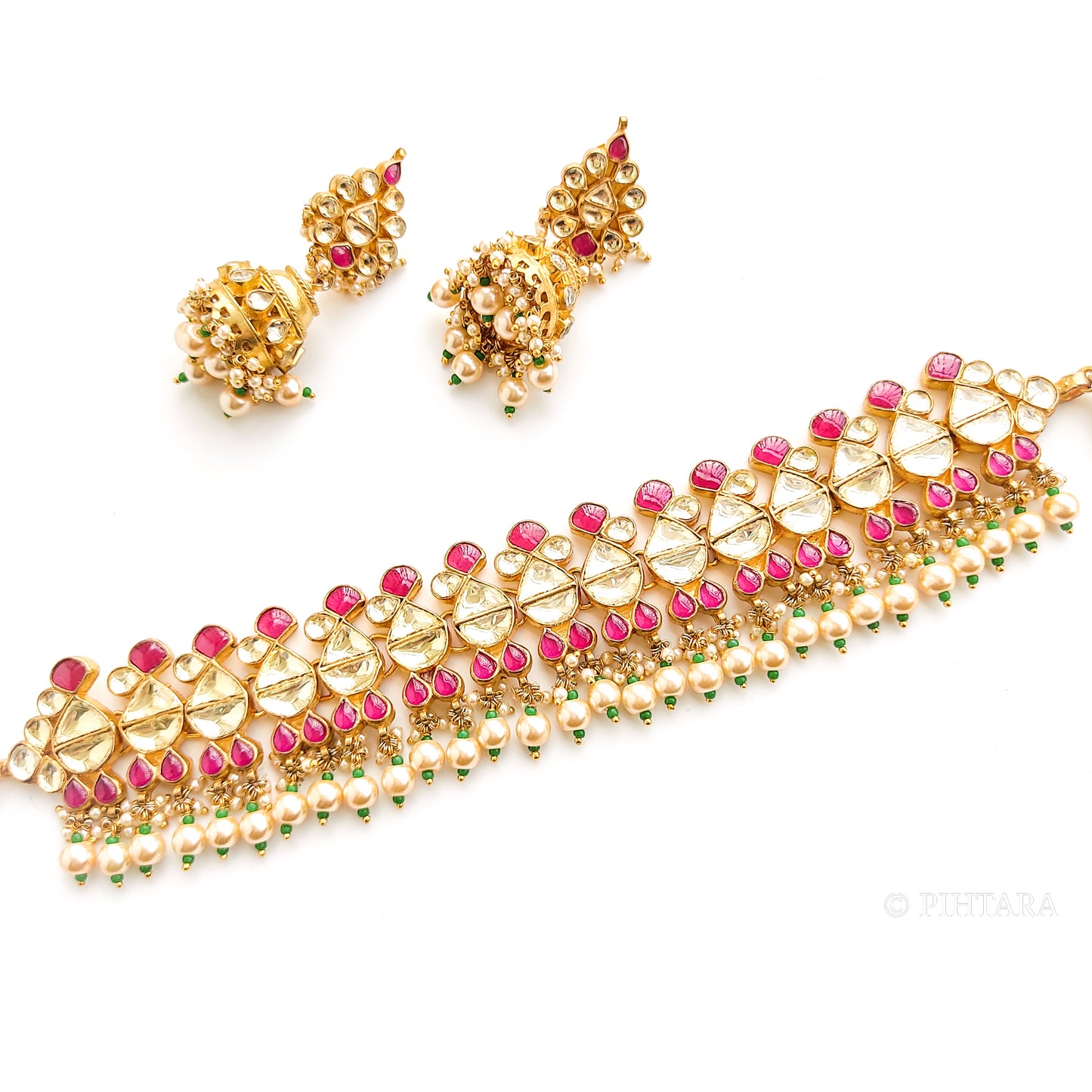 pink and white kundan choker set