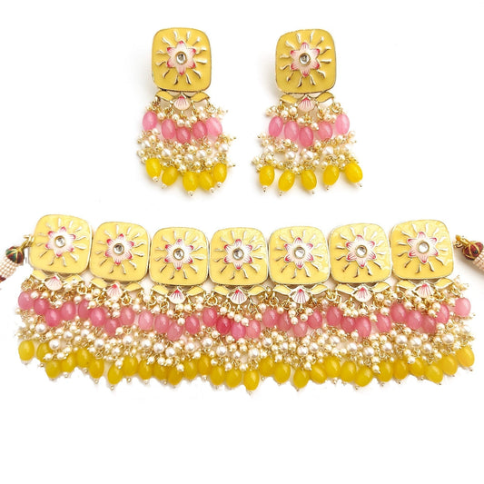 Pastel Yellow meenakari choker set with pink beads