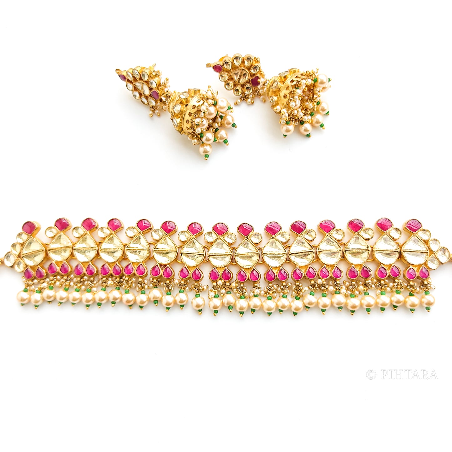 pink and white kundan choker set