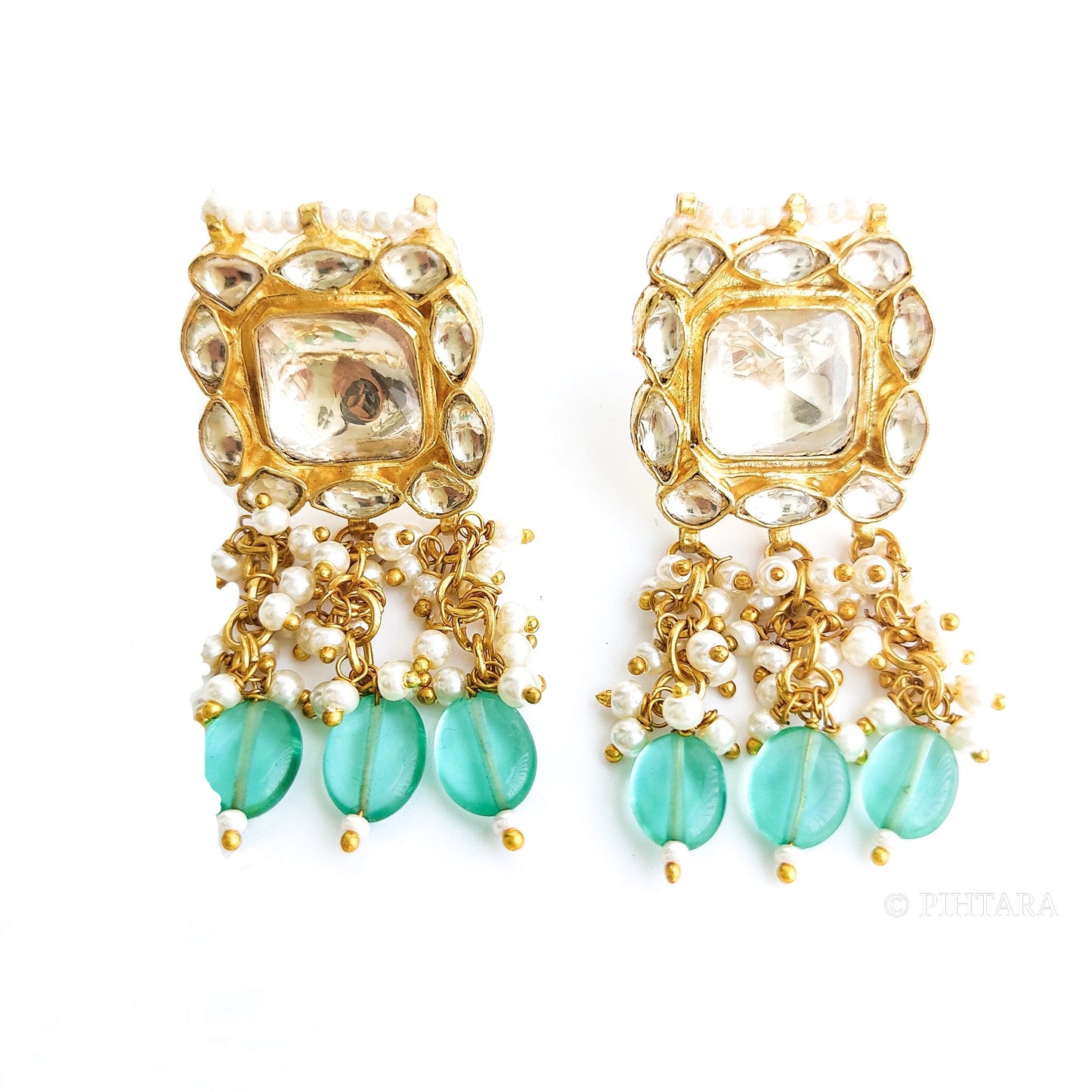 kundan polki necklace set with sea green beads