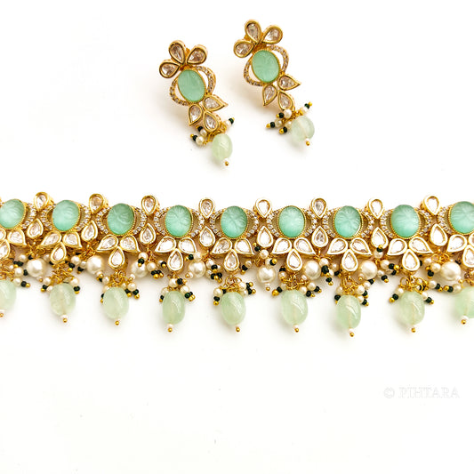 polki choker set with pastel blue stones