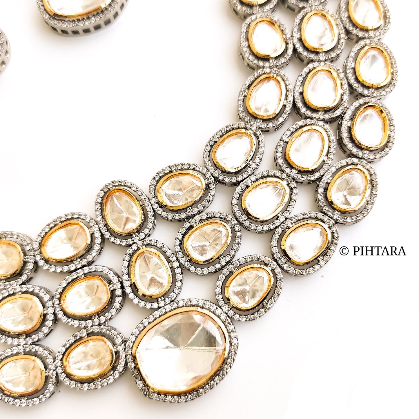 Victorian style dual tone necklace crafted with polki and diamond stones