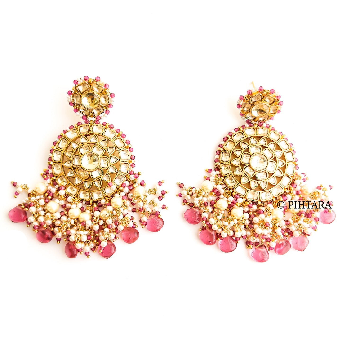 Jadau kundan bridal necklace set with dark pink beadss