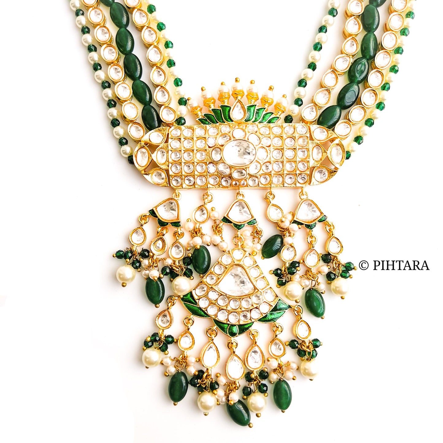 Polki kundan long haar set with pearls and green beads