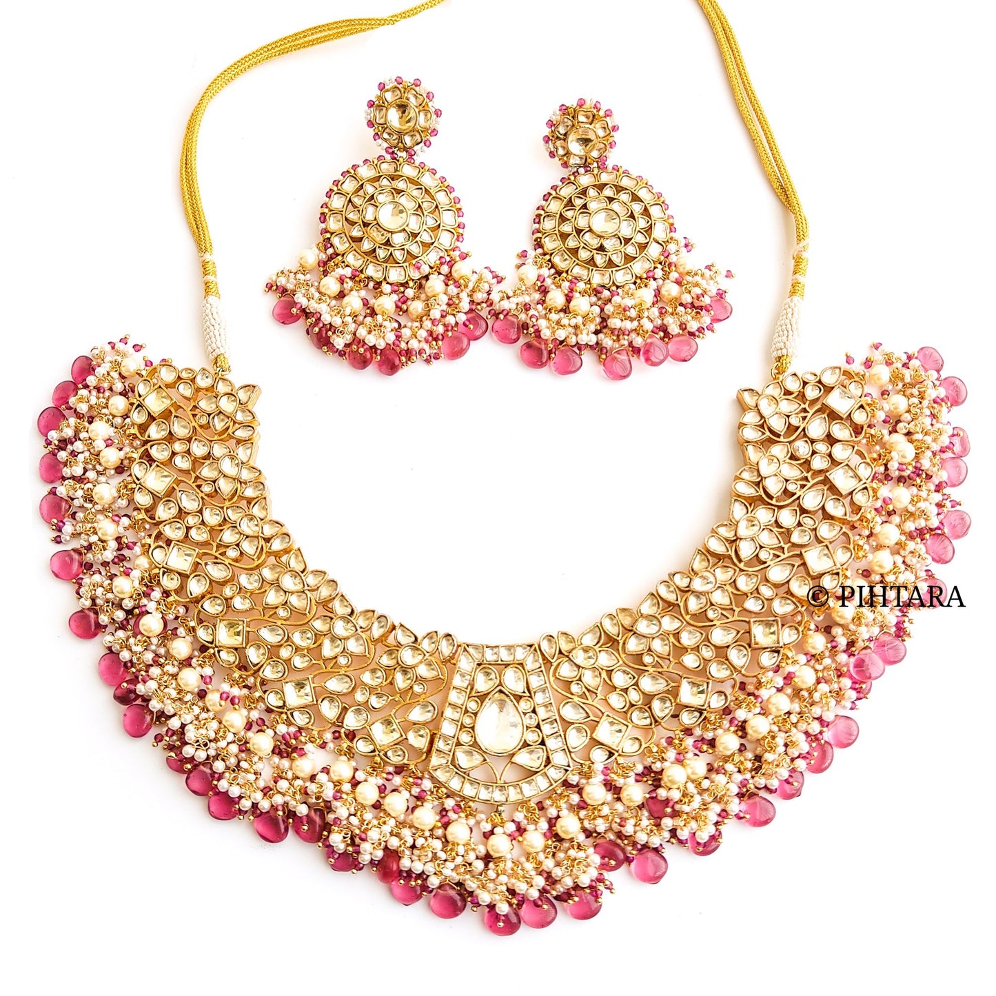 Jadau kundan bridal necklace set with dark pink beads