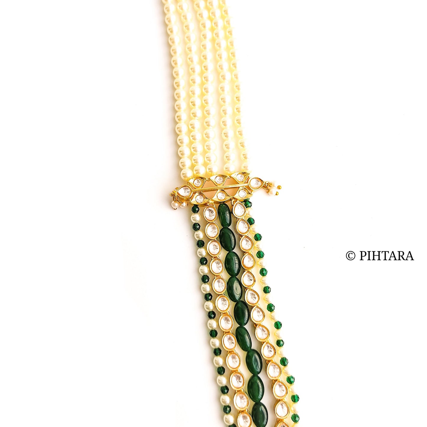 Polki kundan long haar set with pearls and green beads