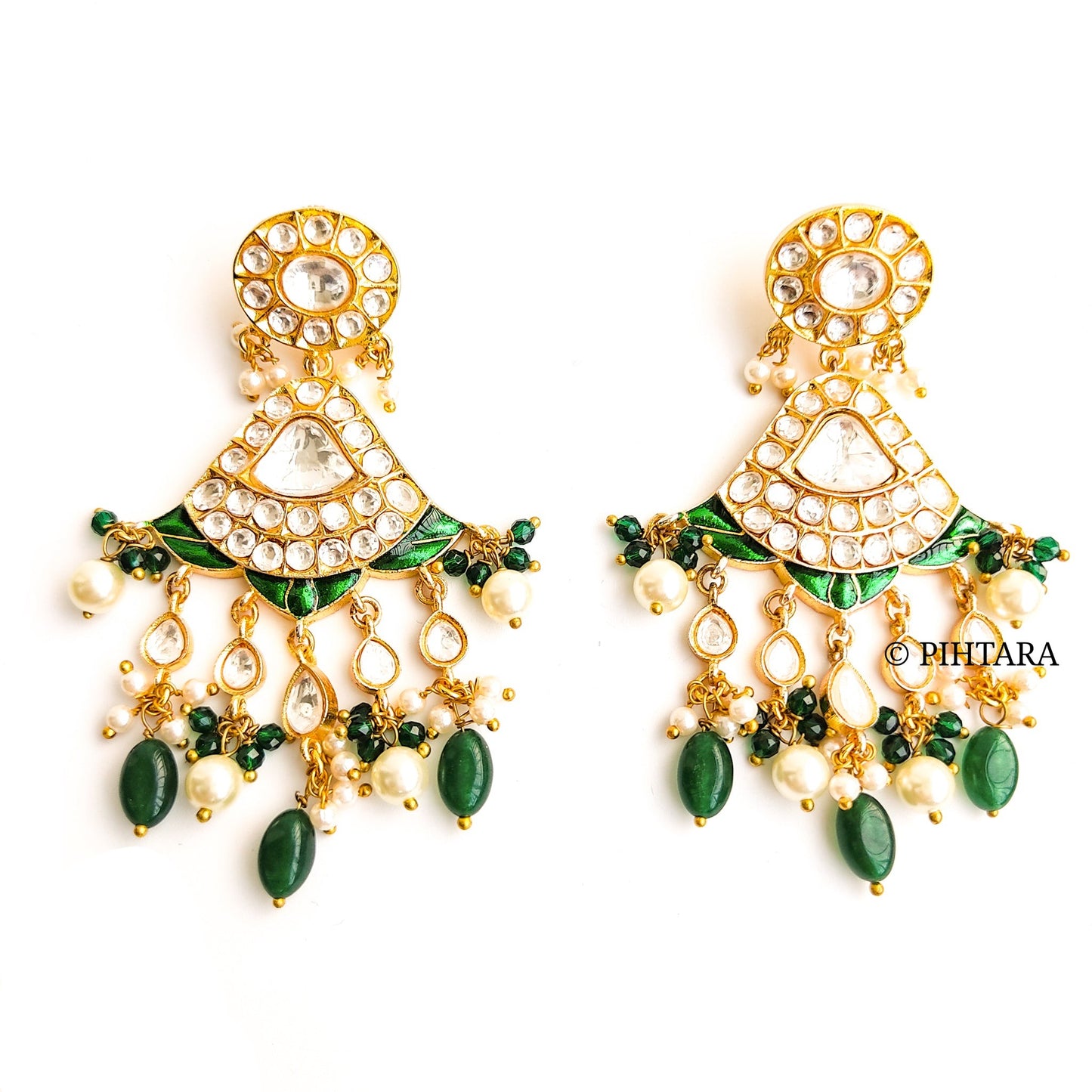 Polki kundan long haar set with pearls and green beads