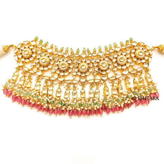 Jadau kundan choker set with pink beads