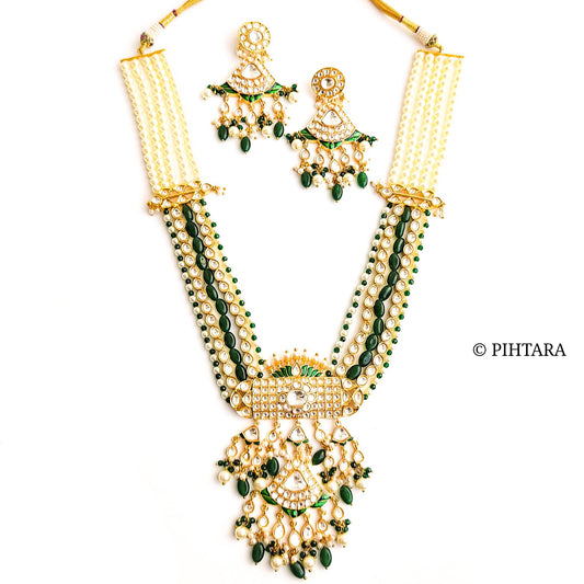 Polki kundan long haar set with pearls and green beads