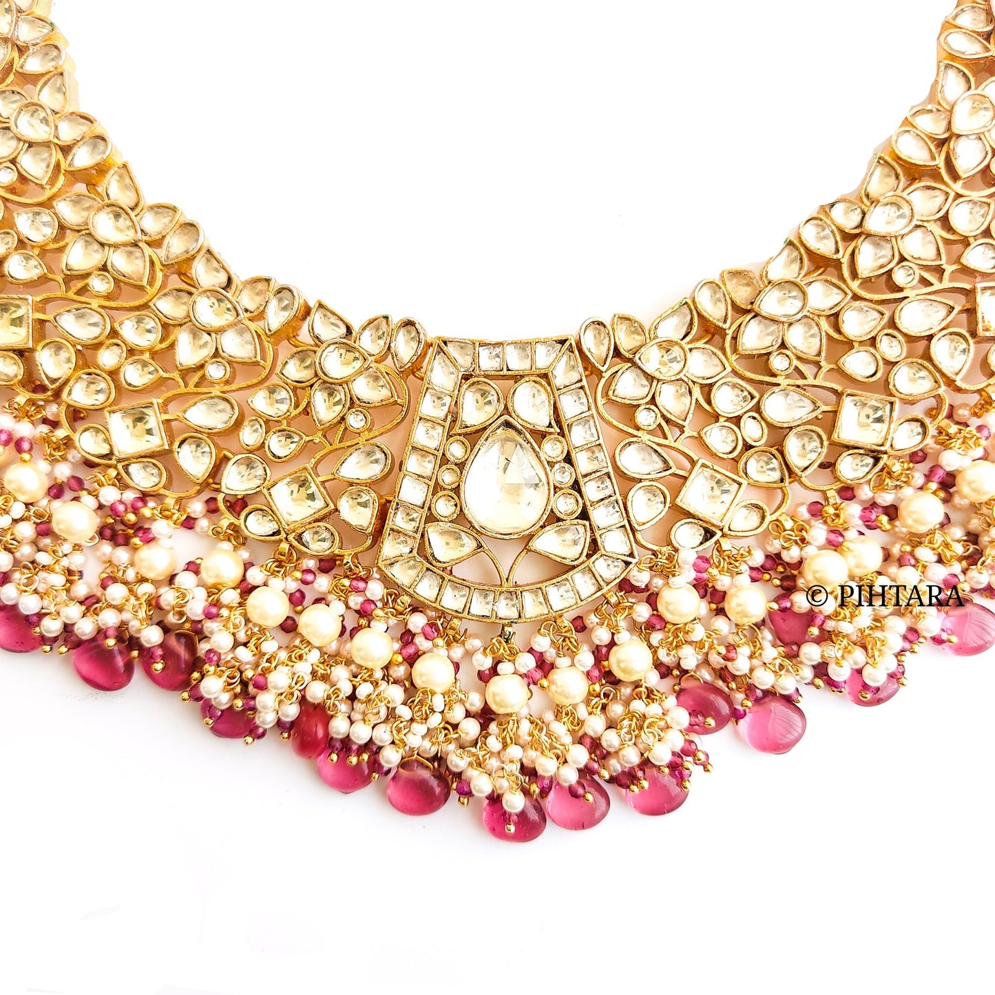 Jadau kundan bridal necklace set with dark pink beads