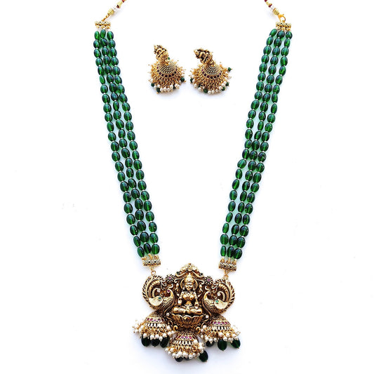 green beads haar with lakshmi pendant
