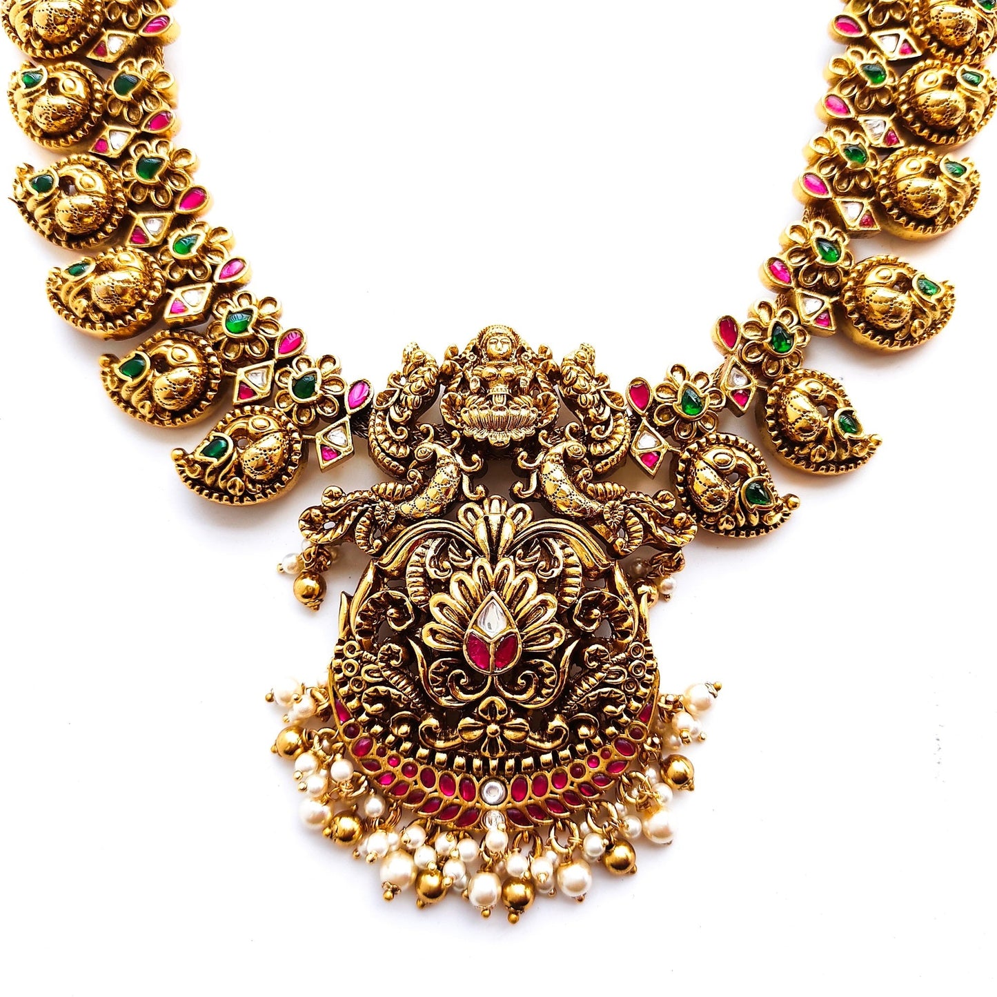 bridal antique gold mango necklace set with lakshmi pendant