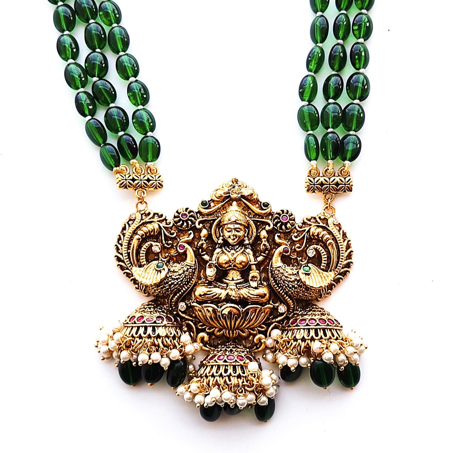 green beads haar with lakshmi pendant