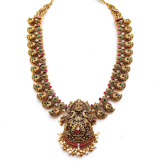 bridal antique gold mango necklace set with lakshmi pendant