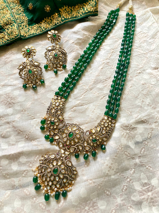 long victorian necklace set with green stones and beads