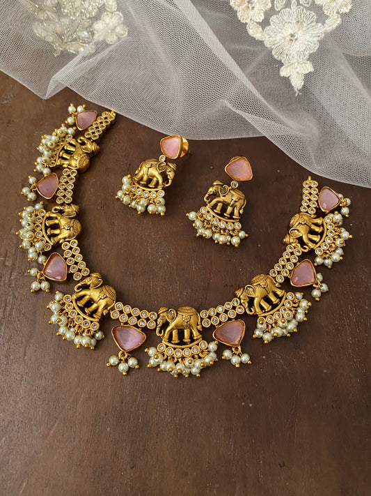 Pink Necklace set with elephant design for women