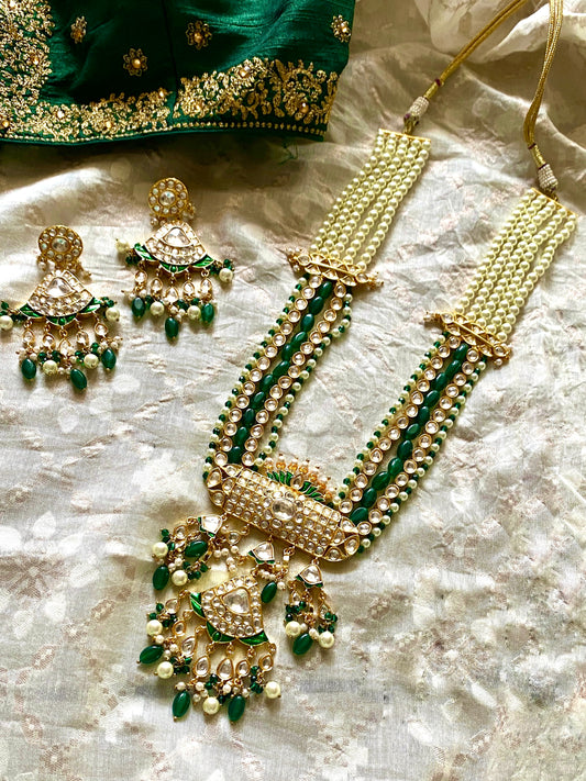 Polki kundan long haar set with pearls and green beads