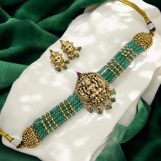 Green Beads Choker Set Temple Jewellery