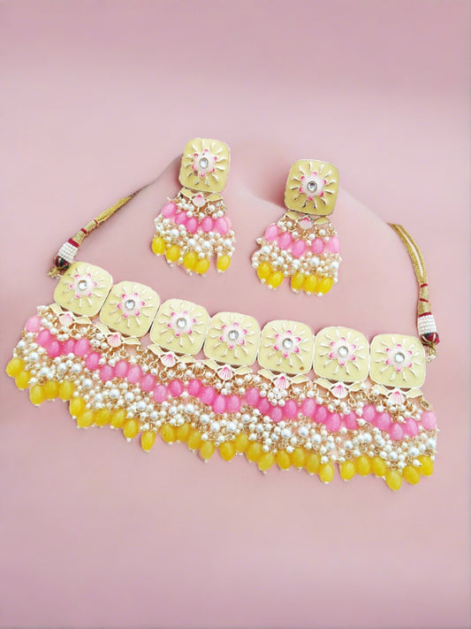 Pastel Yellow meenakari choker set with pink beads