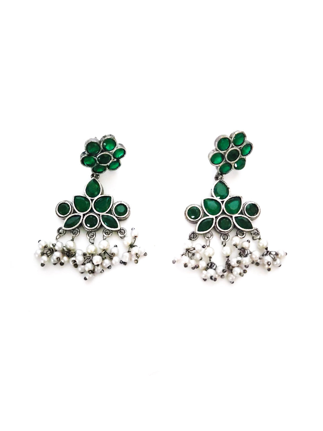 silver oxidised choker set with green stones