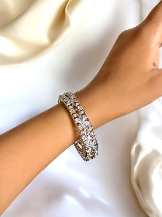 silver plated kundan bangles with pearl for women