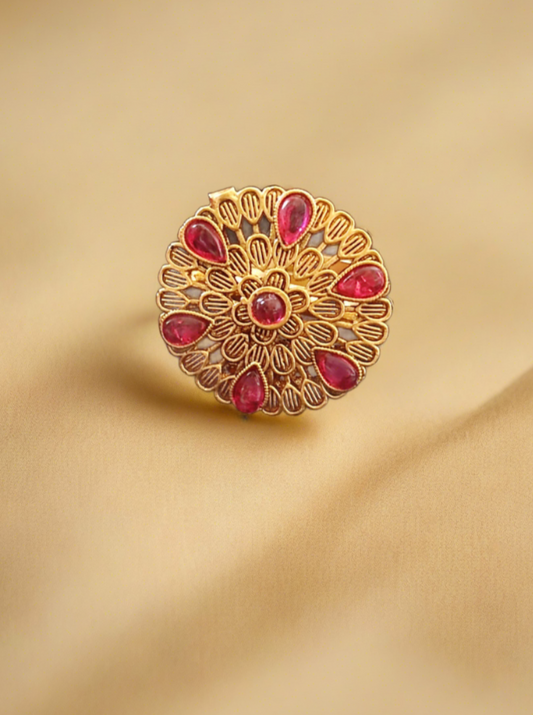 Gold-plated finger ring with red stones for women
