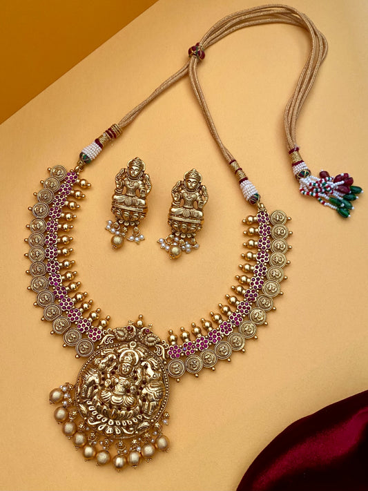 Antique gold temple jewellery with goddess lakshmi pendant