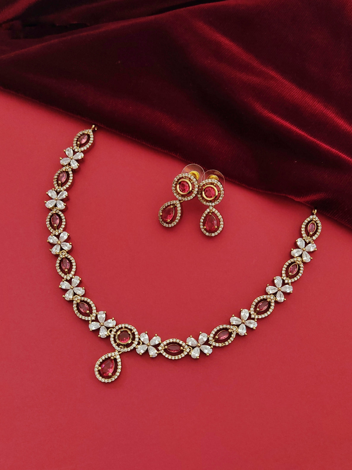 victorian oxidised gold jewellery set with red stones for women