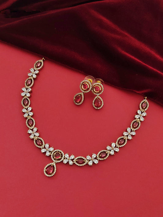 victorian oxidised gold jewellery set with red stones for women