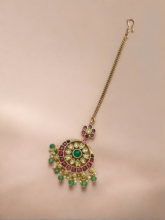 Red and Green Stone Maangtikka with green beads