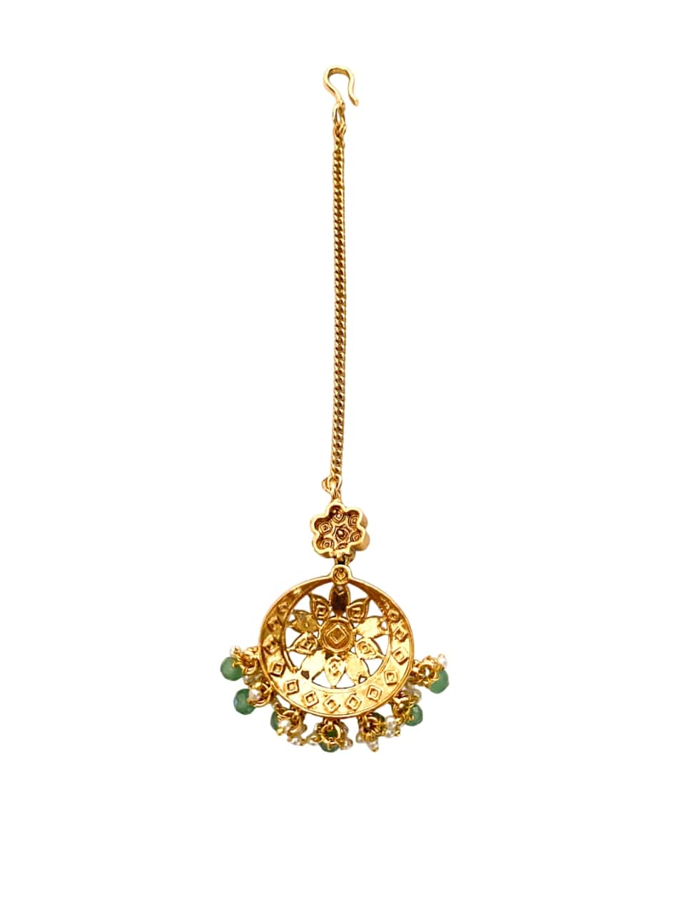 Red and Green Stone Maangtikka with green beads