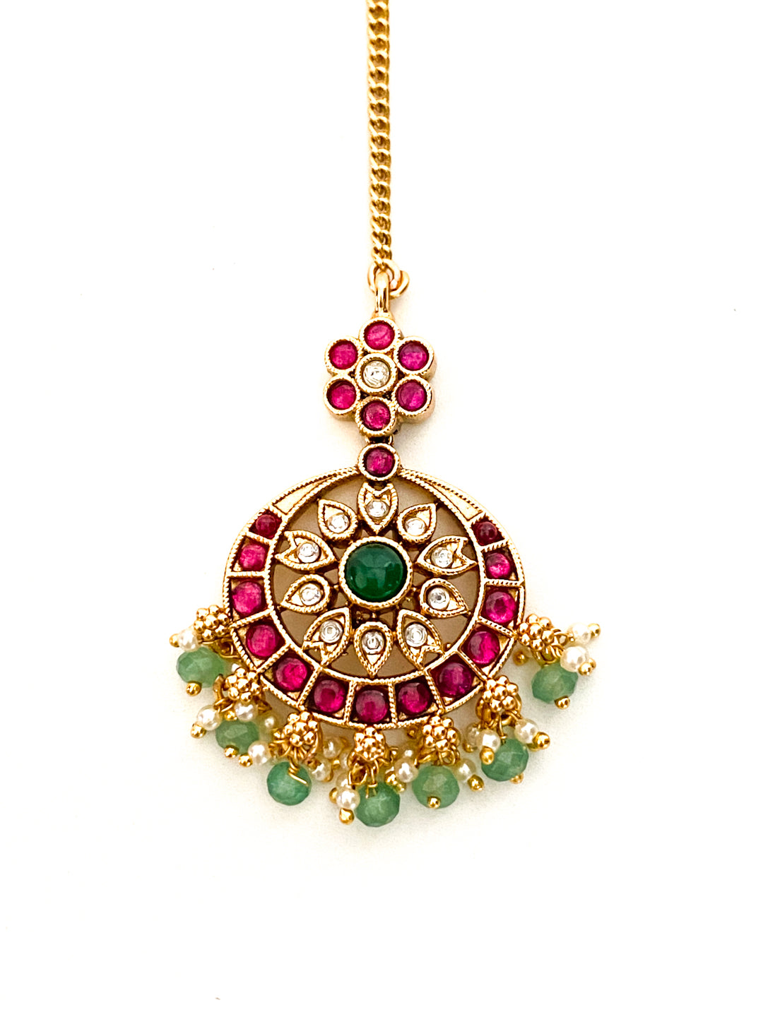 Red and Green Stone Maangtikka with green beads