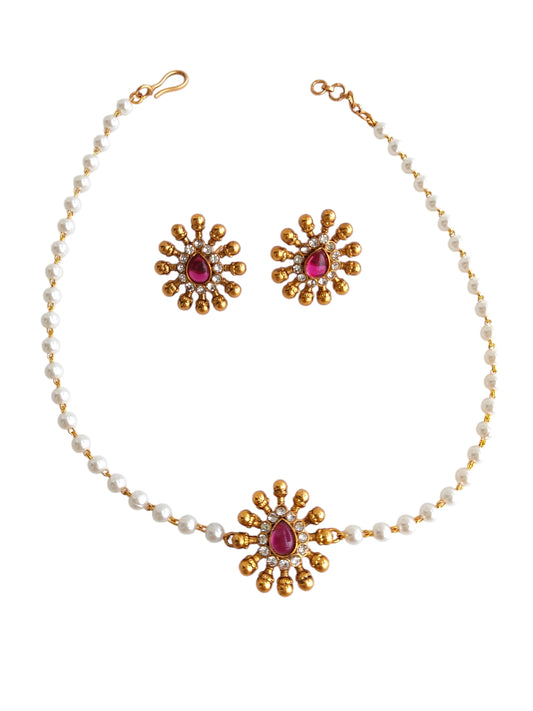 Pearl Necklace set with red stone