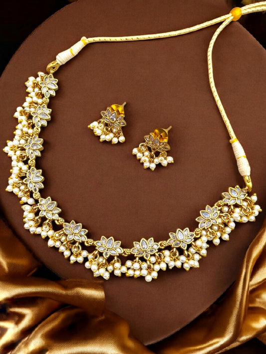 White stone kundan lotus design necklace set for women online