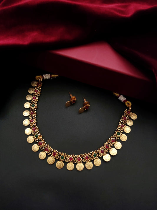 Gold-plated red & green stone studded necklace set for women online