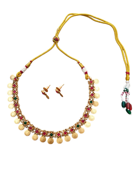 Gold-plated red & green stone studded necklace set for women online