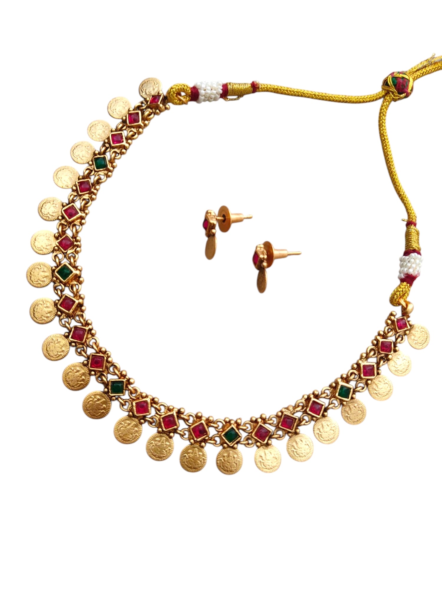 Gold-plated red & green stone studded necklace set for women online