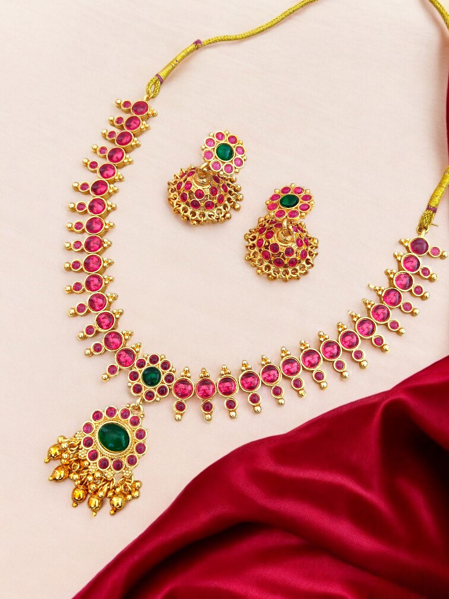 Red and green stone necklace jewellery set for women