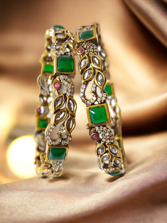 victorian bangles with white stones and parrot design 