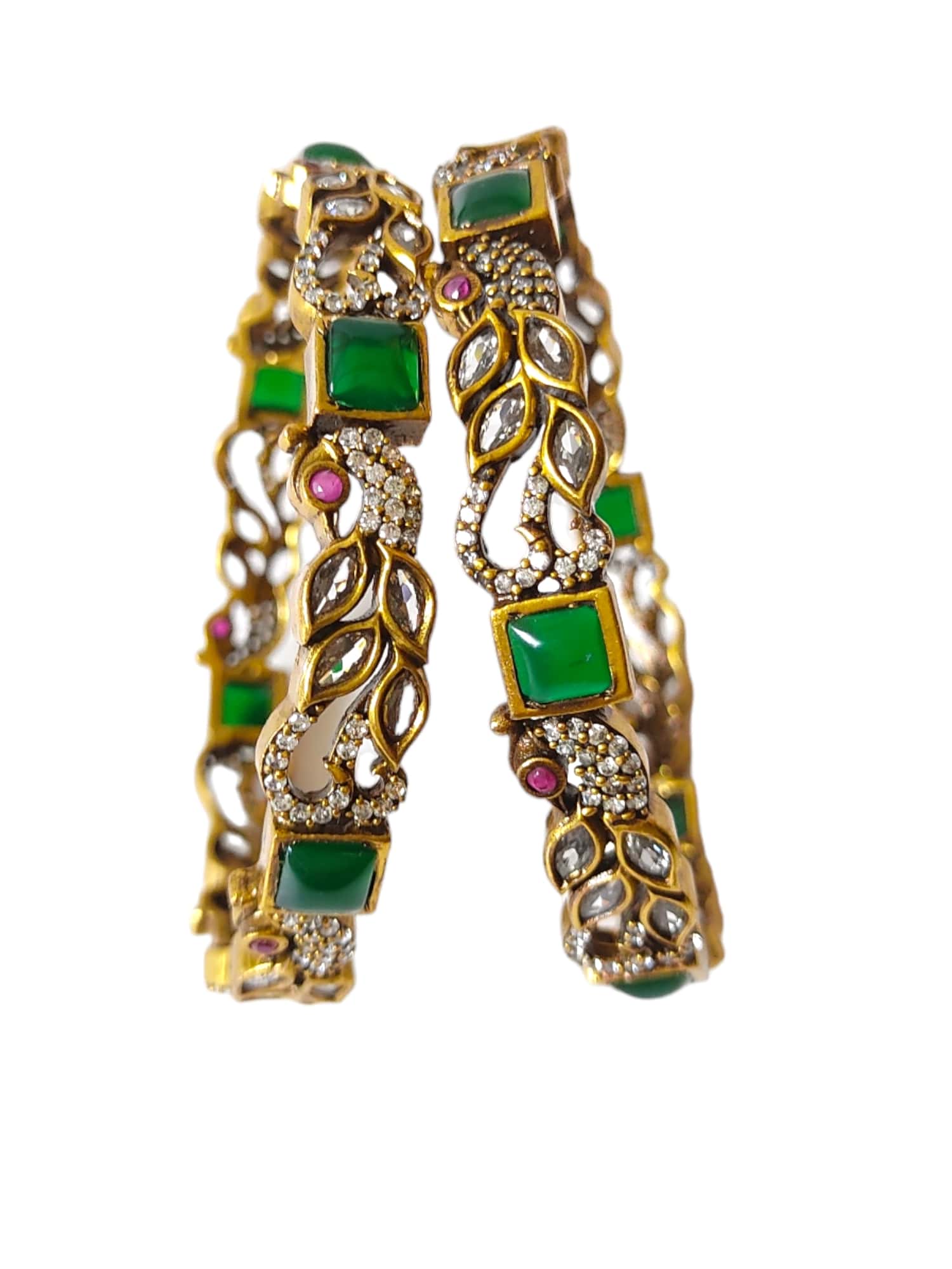 victorian bangles with white stones and parrot design 