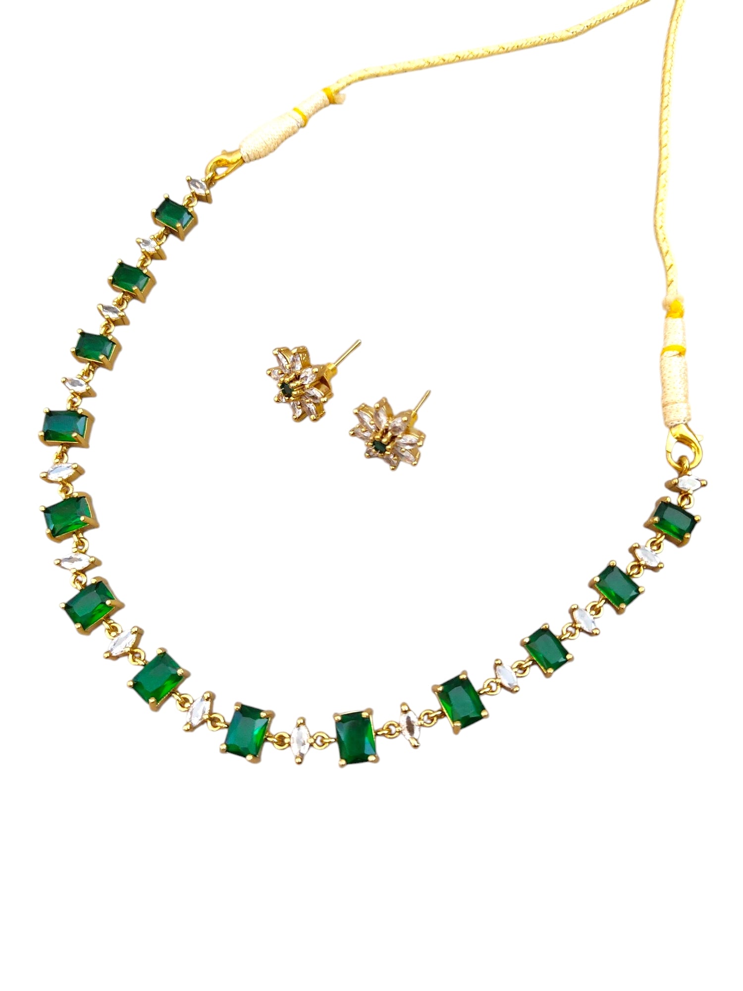 Green Stone Diamond necklace set for women and girls online