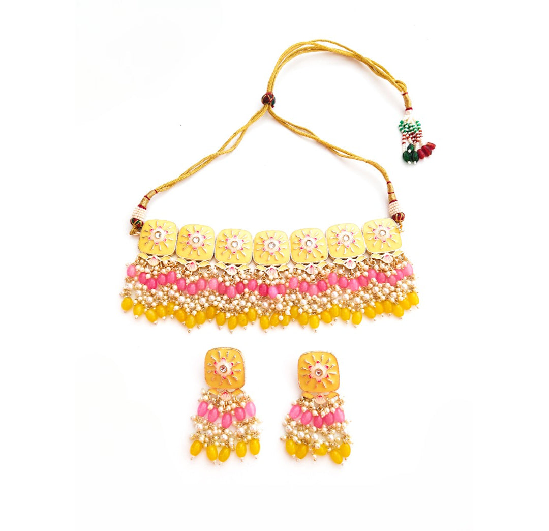 Pastel Yellow meenakari choker set with pink beads