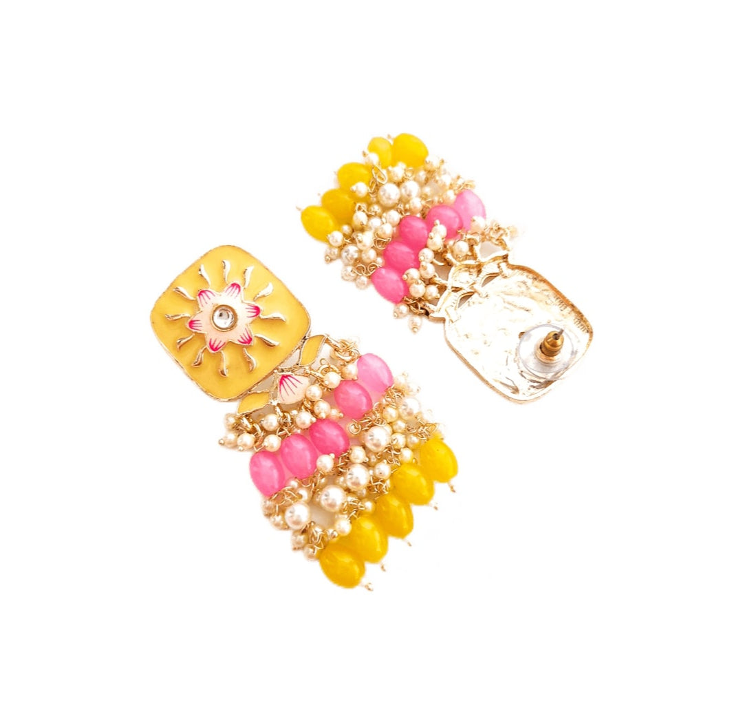 Pastel Yellow meenakari choker set with pink beads