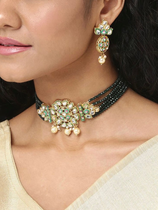 green beads choker set with pearls for women