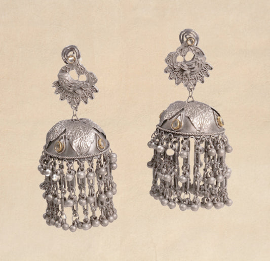 big oversized oxidised jhumka earrings with kundan stones