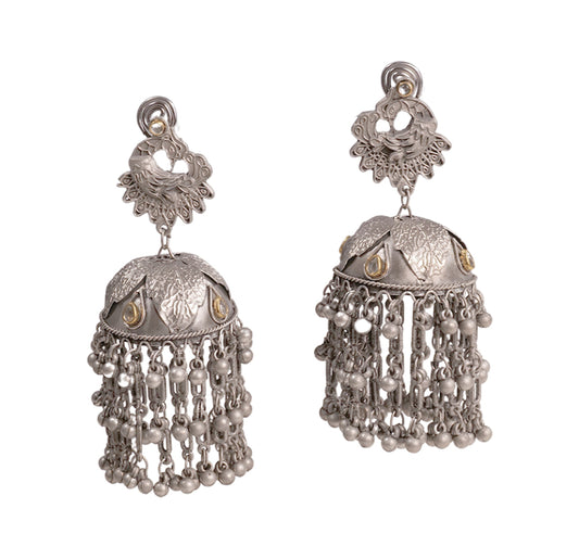 big oversized oxidised jhumka earrings with kundan stones