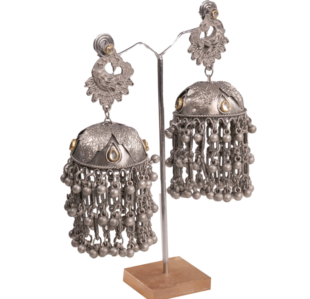 big oversized oxidised jhumka earrings with kundan stones