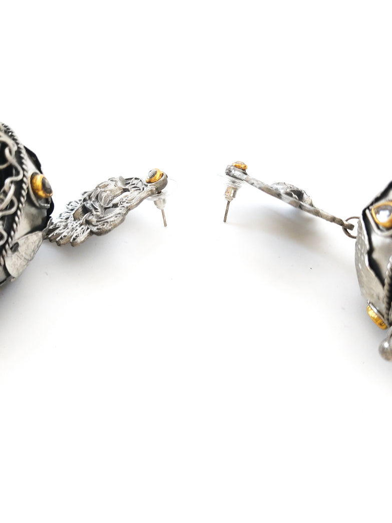 big oversized oxidised jhumka earrings with kundan stones