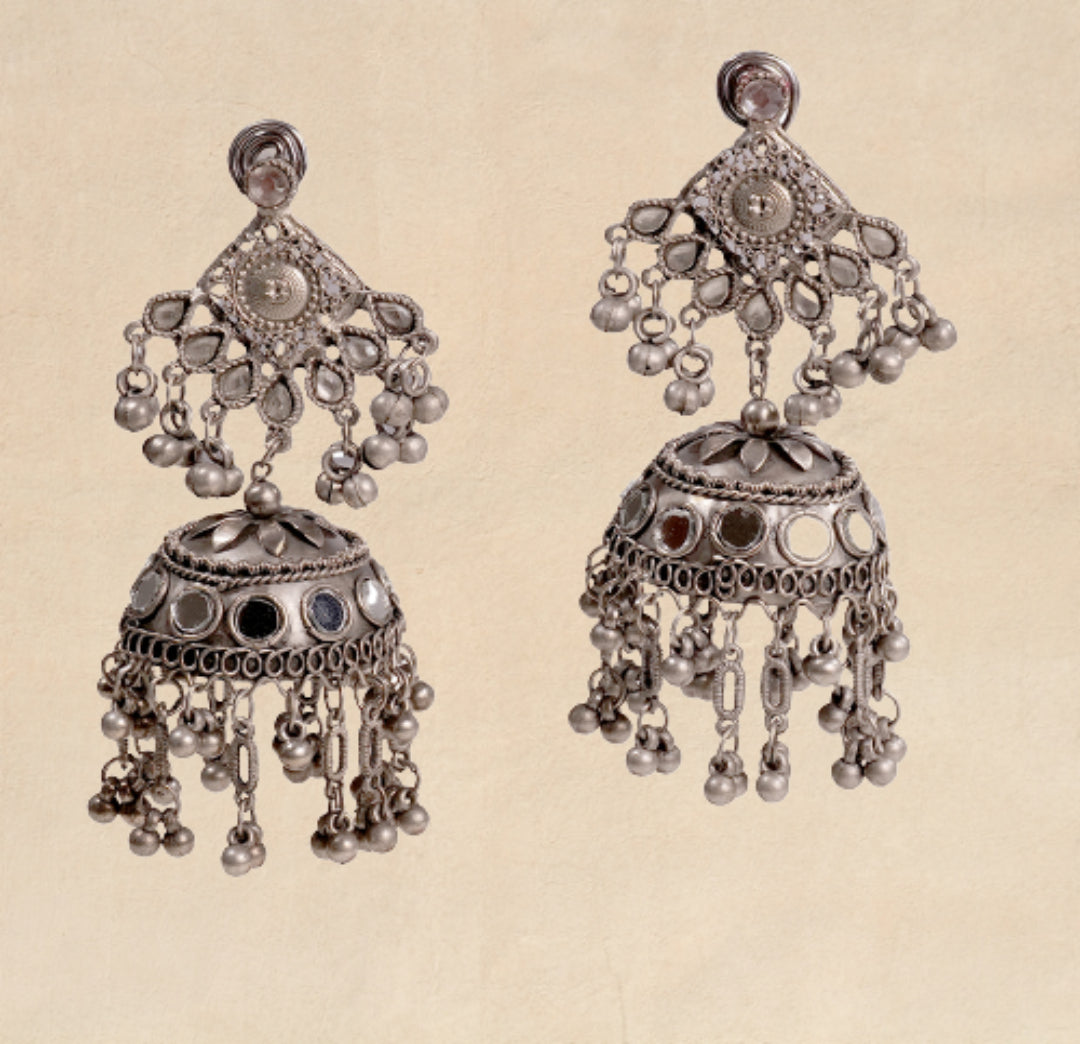 oxidised jhumka earrings with mirror work