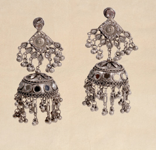 oxidised jhumka earrings with mirror work